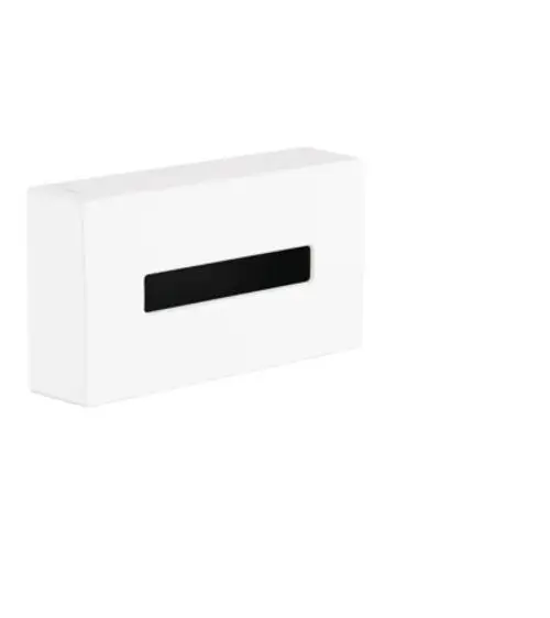 Weißer Kosmetiktuchspender mit rechteckigem Design und schmaler Frontöffnung, ideal für Badezimmer oder Pflegebereiche. Produkt von Hansgrohe.